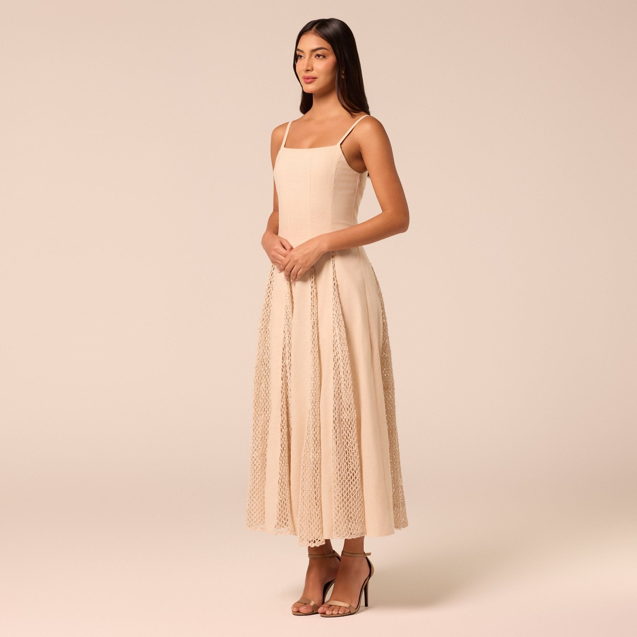 Beige Linen-Cotton Dress with Crochet Godets - shopaleena