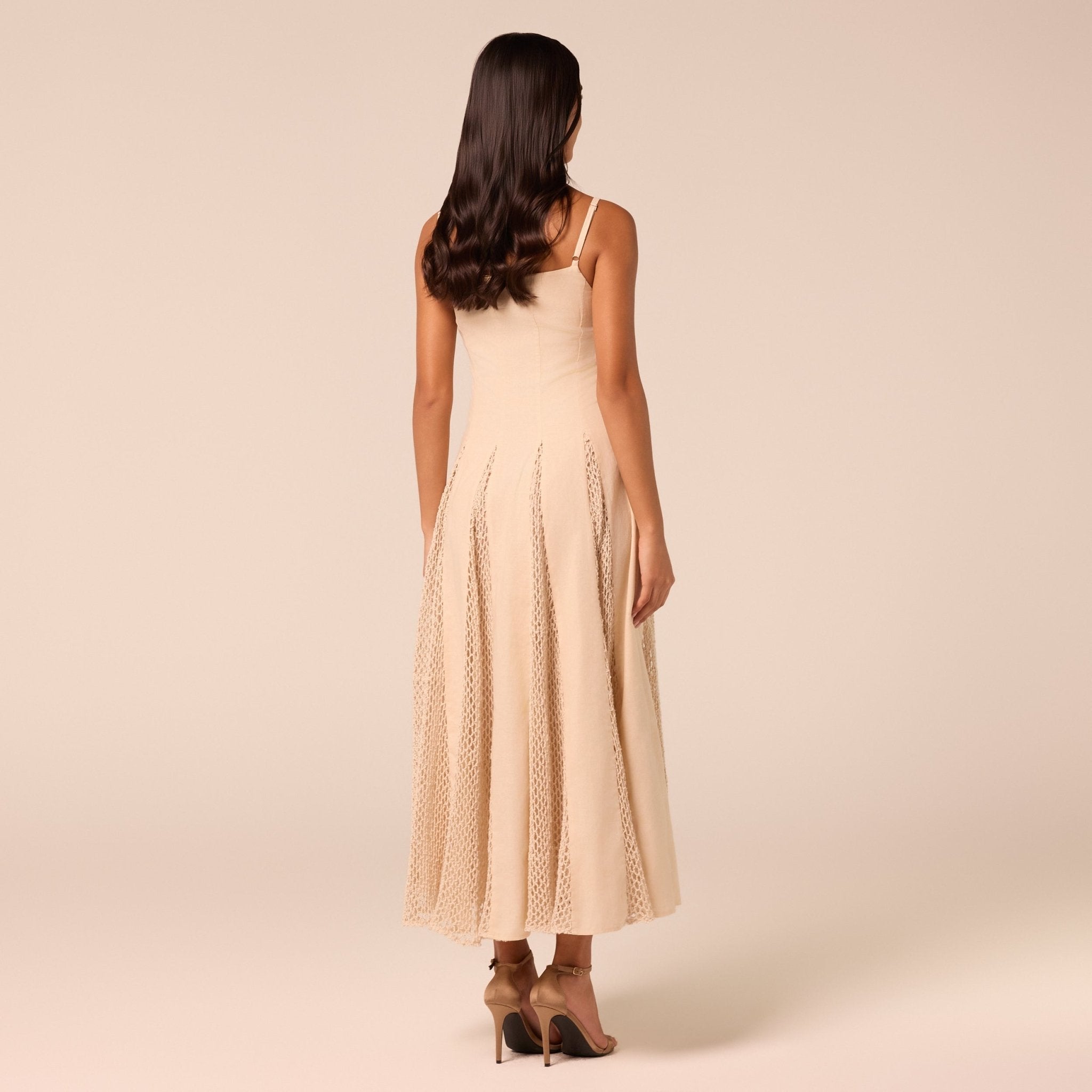 Beige Linen-Cotton Dress with Crochet Godets - shopaleena