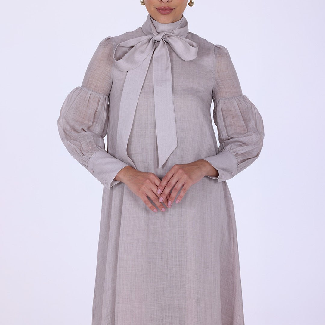 Beige Long Sleeve With Neck Bow Dress - shopaleena