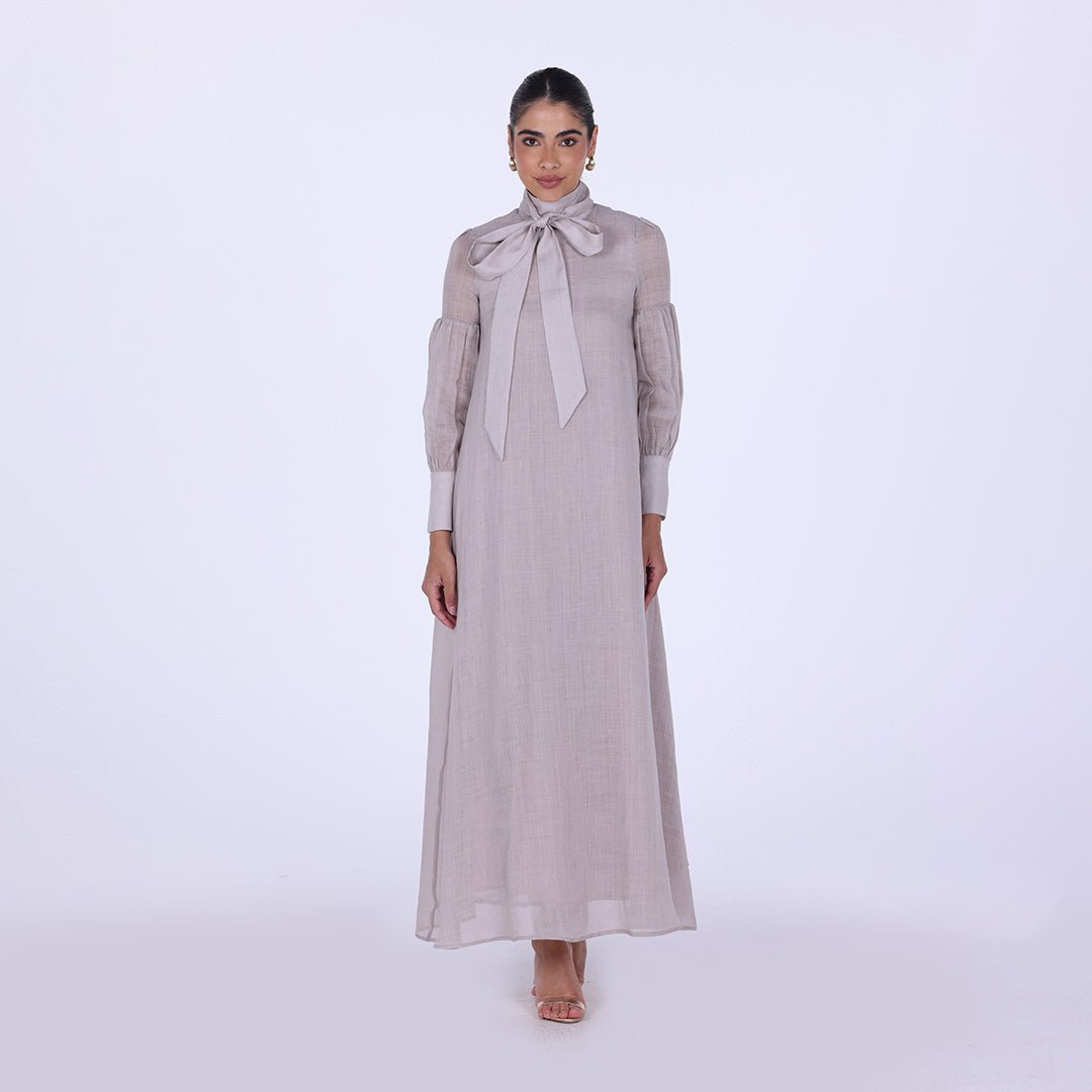 Beige Long Sleeve With Neck Bow Dress - shopaleena
