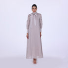 Beige Long Sleeve With Neck Bow Dress - shopaleena