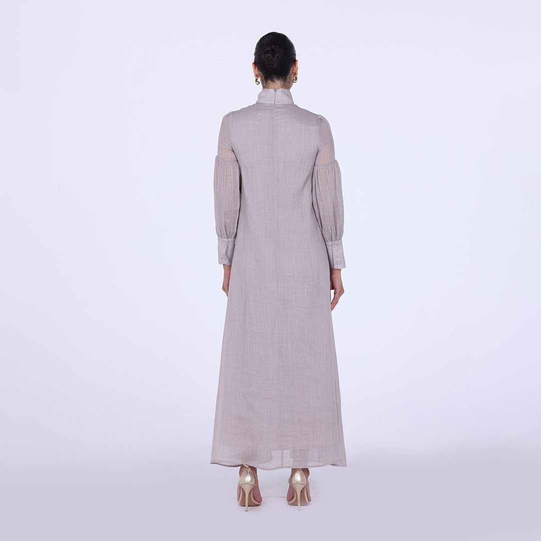 Beige Long Sleeve With Neck Bow Dress - shopaleena