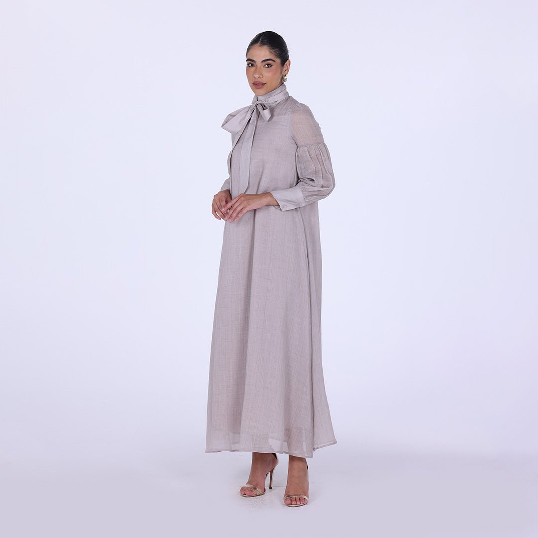 Beige Long Sleeve With Neck Bow Dress - shopaleena