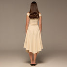 Beige Off - Shoulder Ruched Midi Dress - shopaleena