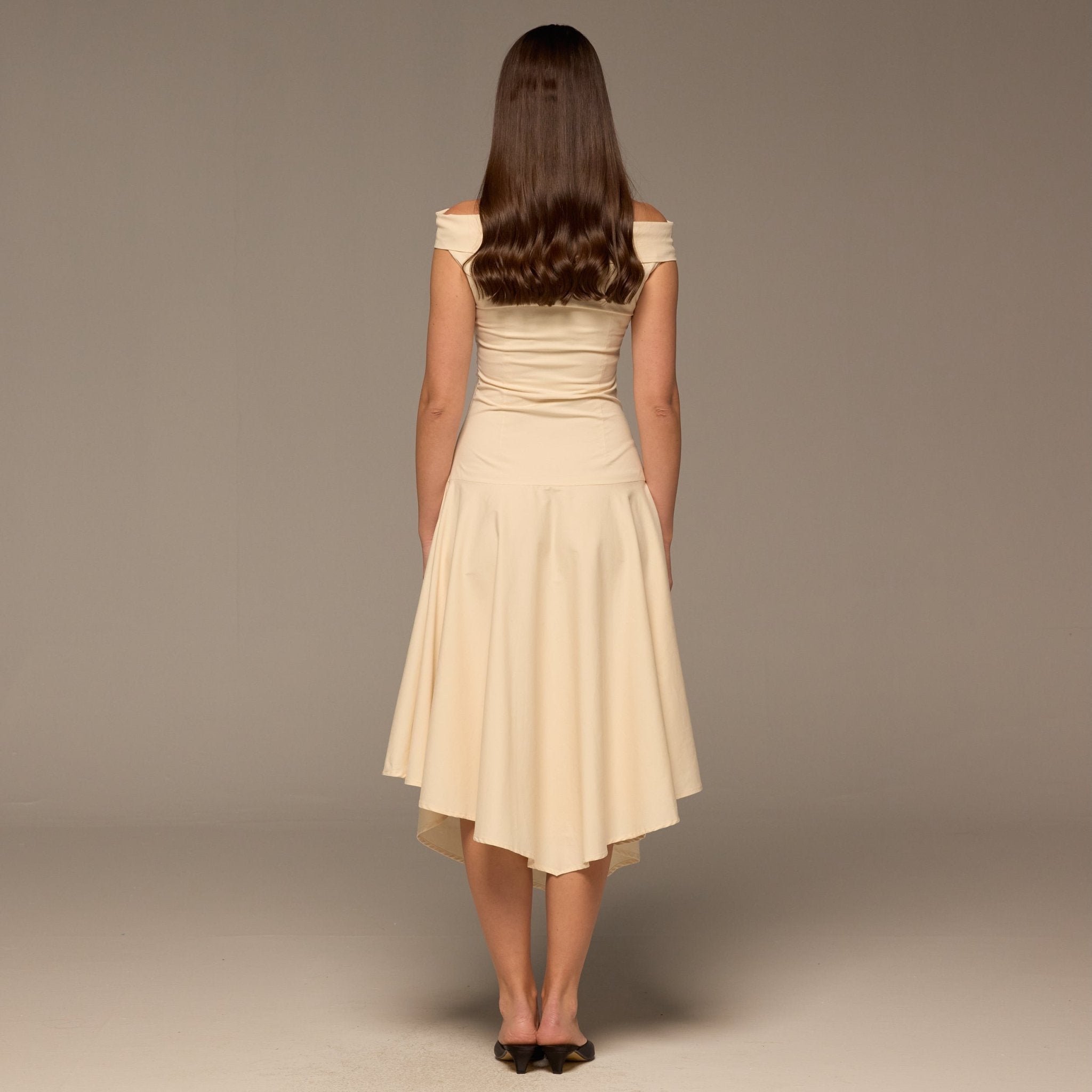 Beige Off - Shoulder Ruched Midi Dress - shopaleena