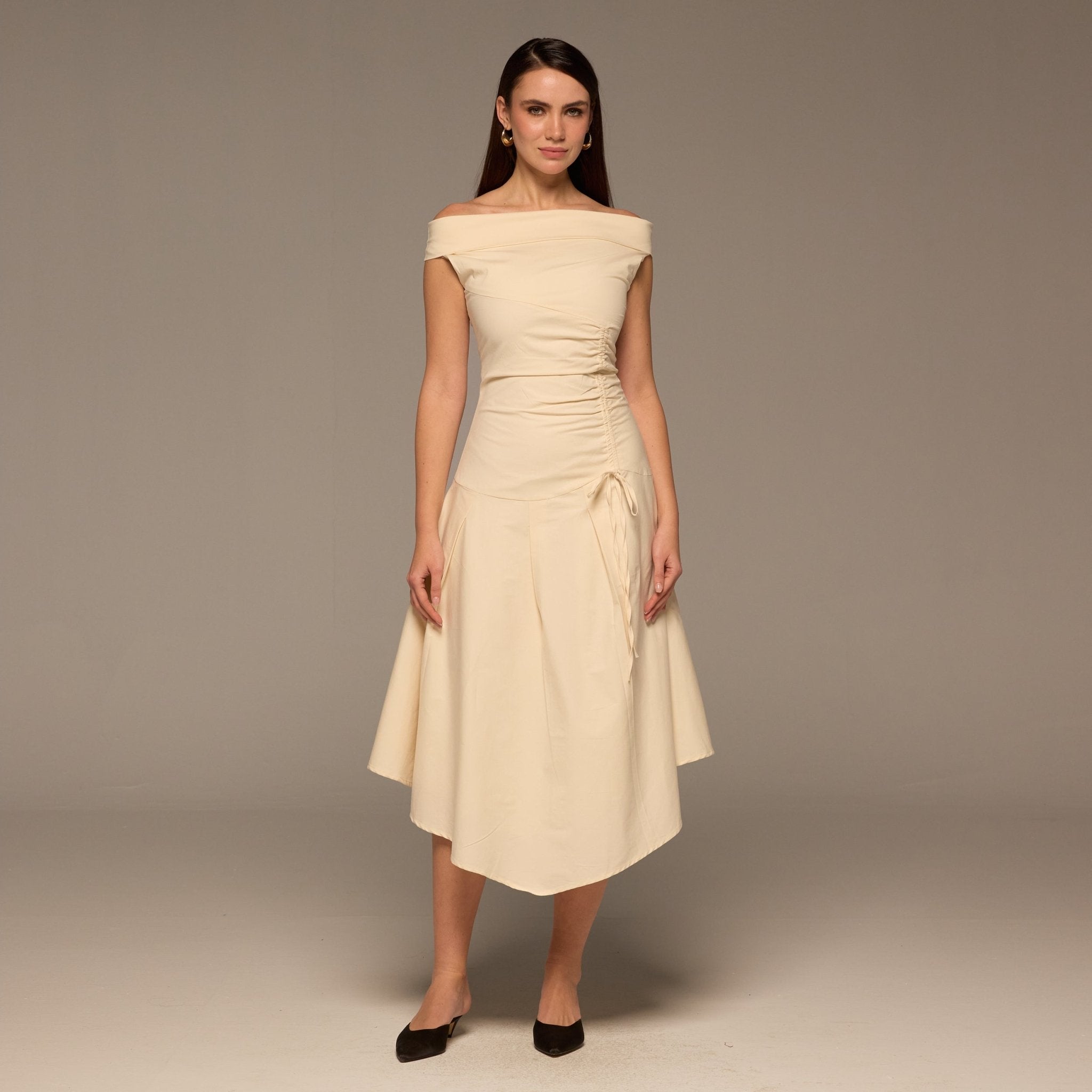 Beige Off - Shoulder Ruched Midi Dress - shopaleena