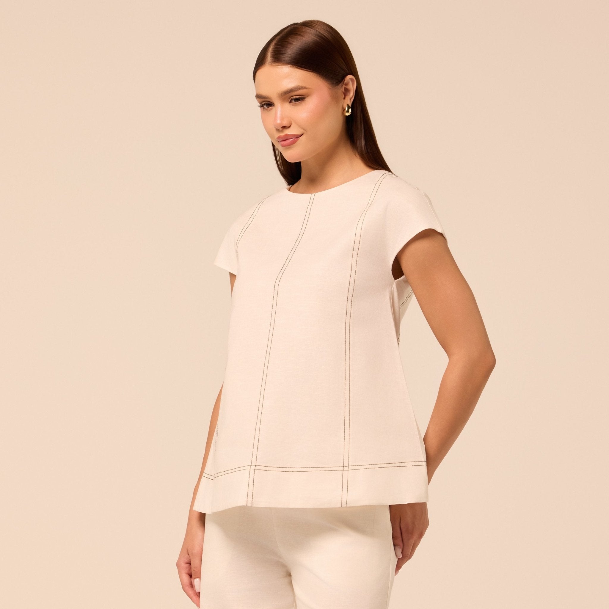 Beige Round Neck Cap Sleeve Top - shopaleena