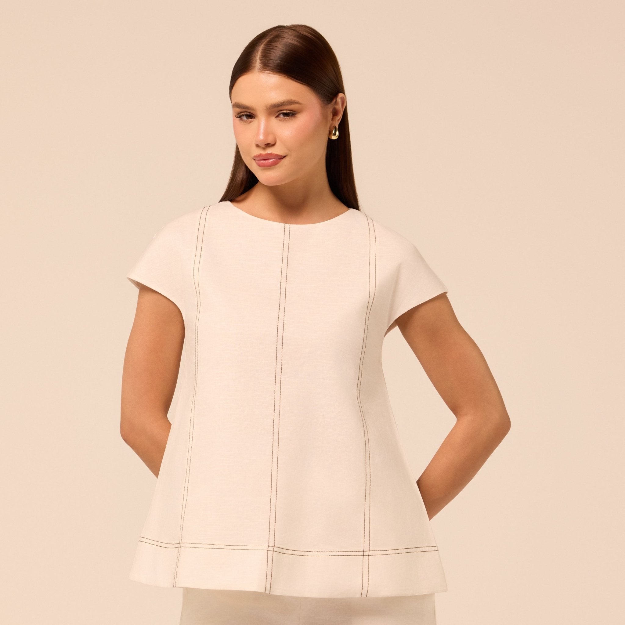 Beige Round Neck Cap Sleeve Top - shopaleena