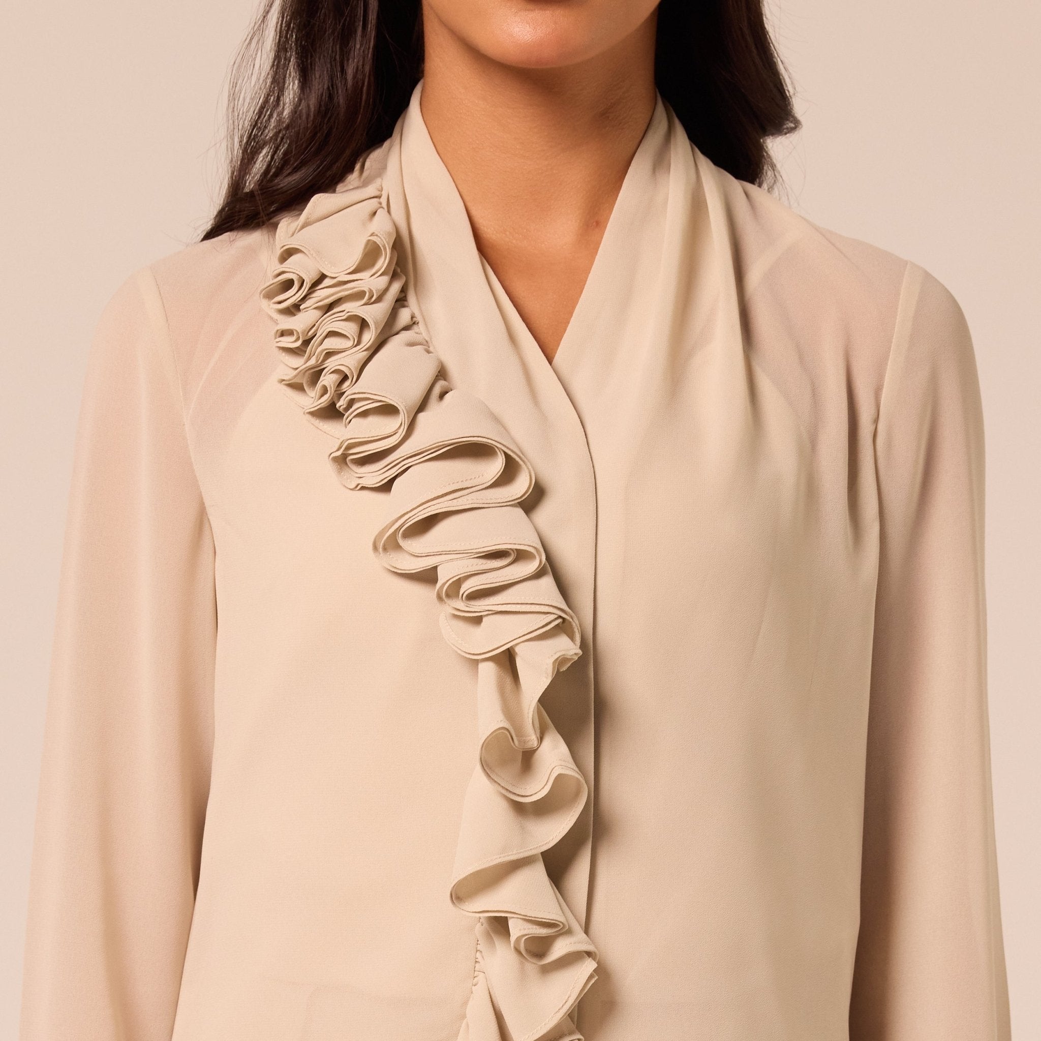 Beige Ruffle Long Sleeve Blouse - shopaleena