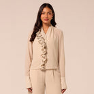 Beige Ruffle Long Sleeve Blouse - shopaleena
