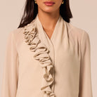 Beige Ruffle Long Sleeve Blouse - shopaleena