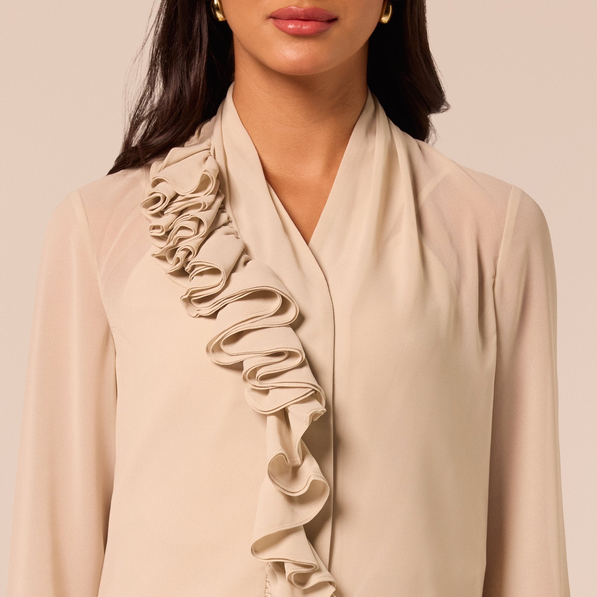 Beige Ruffle Long Sleeve Blouse - shopaleena