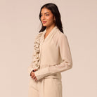 Beige Ruffle Long Sleeve Blouse - shopaleena