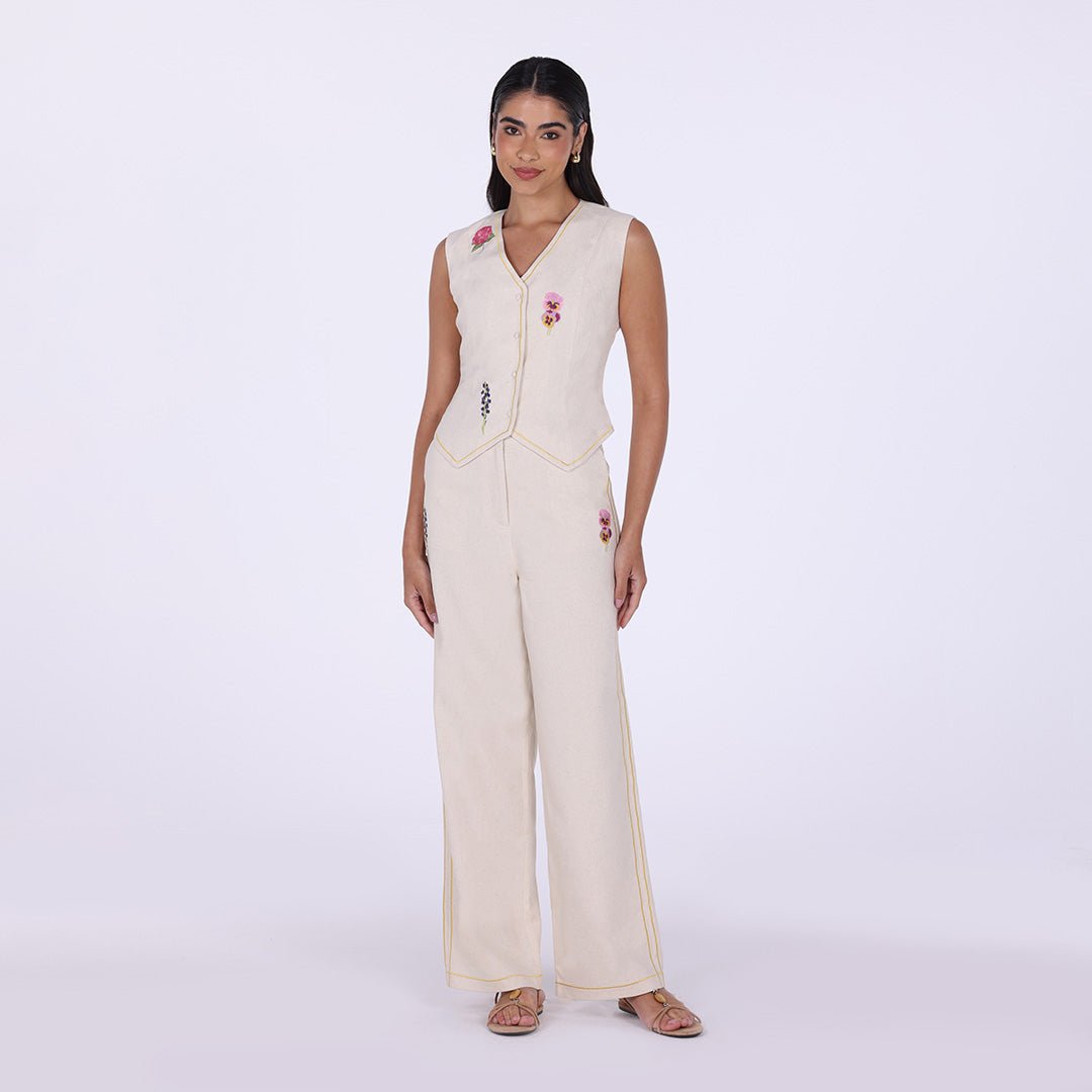 Beige Sleeveless Embroidered Linen V - Neck Vest - shopaleena