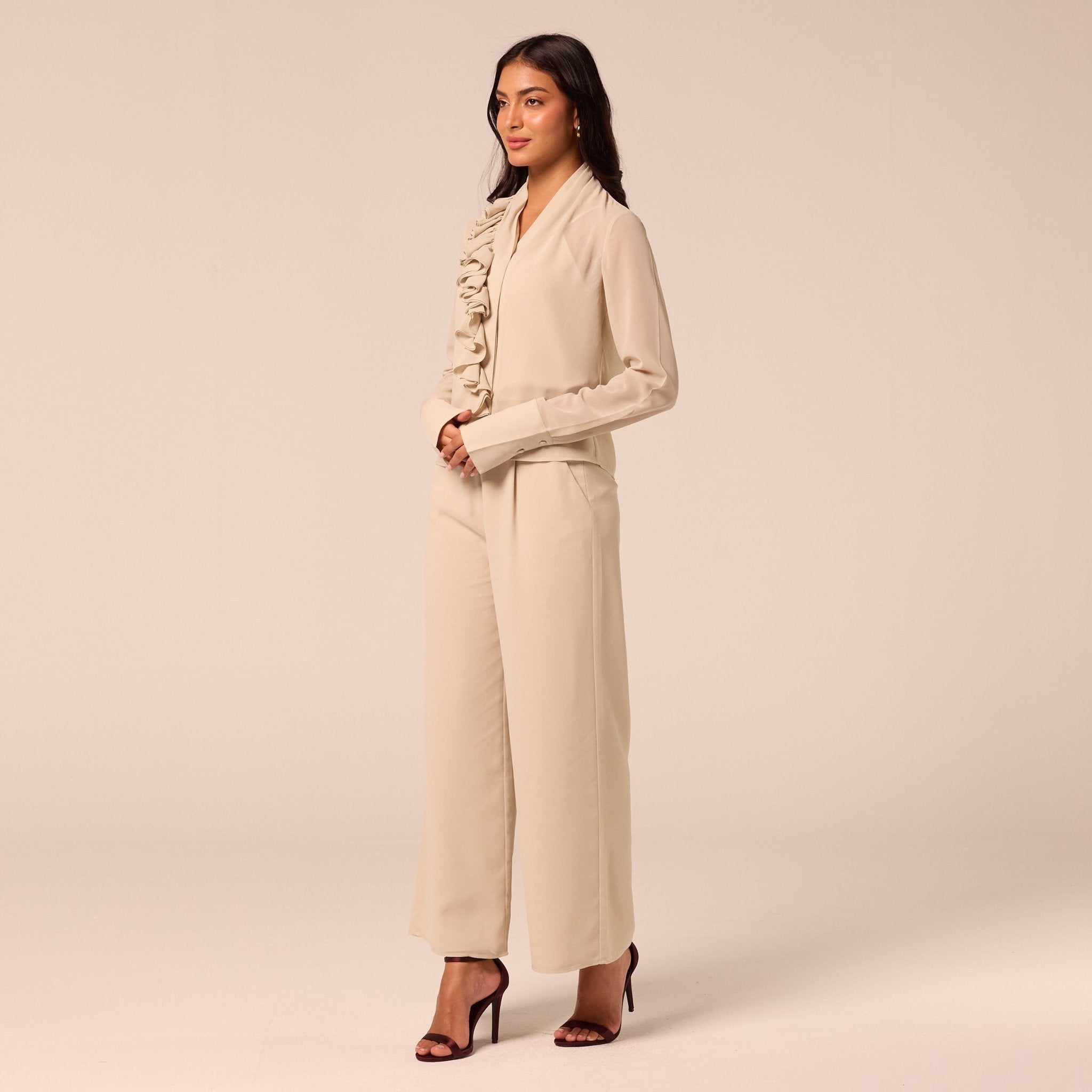 Beige Wide Leg Chiffon Pants - shopaleena