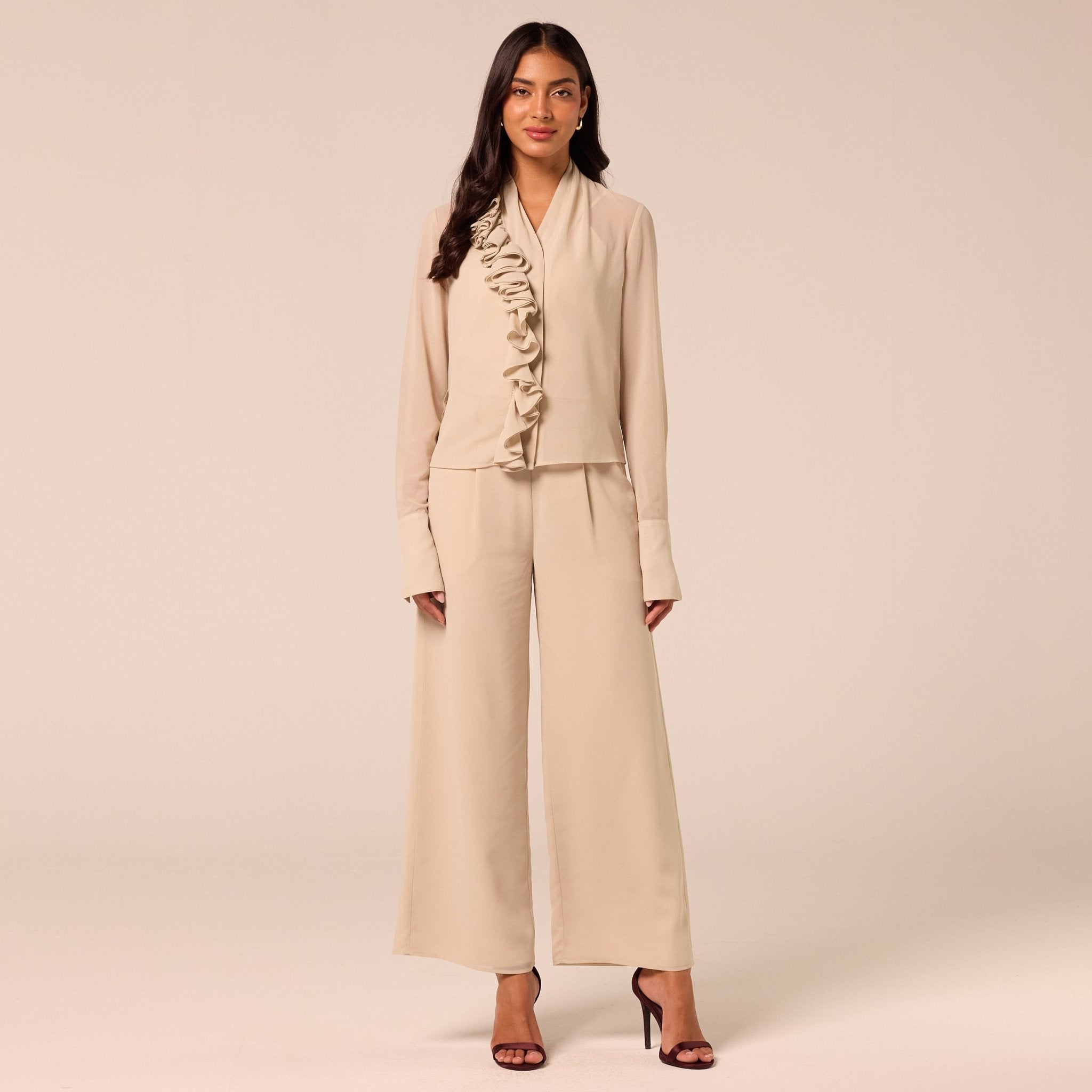 Beige Wide Leg Chiffon Pants - shopaleena