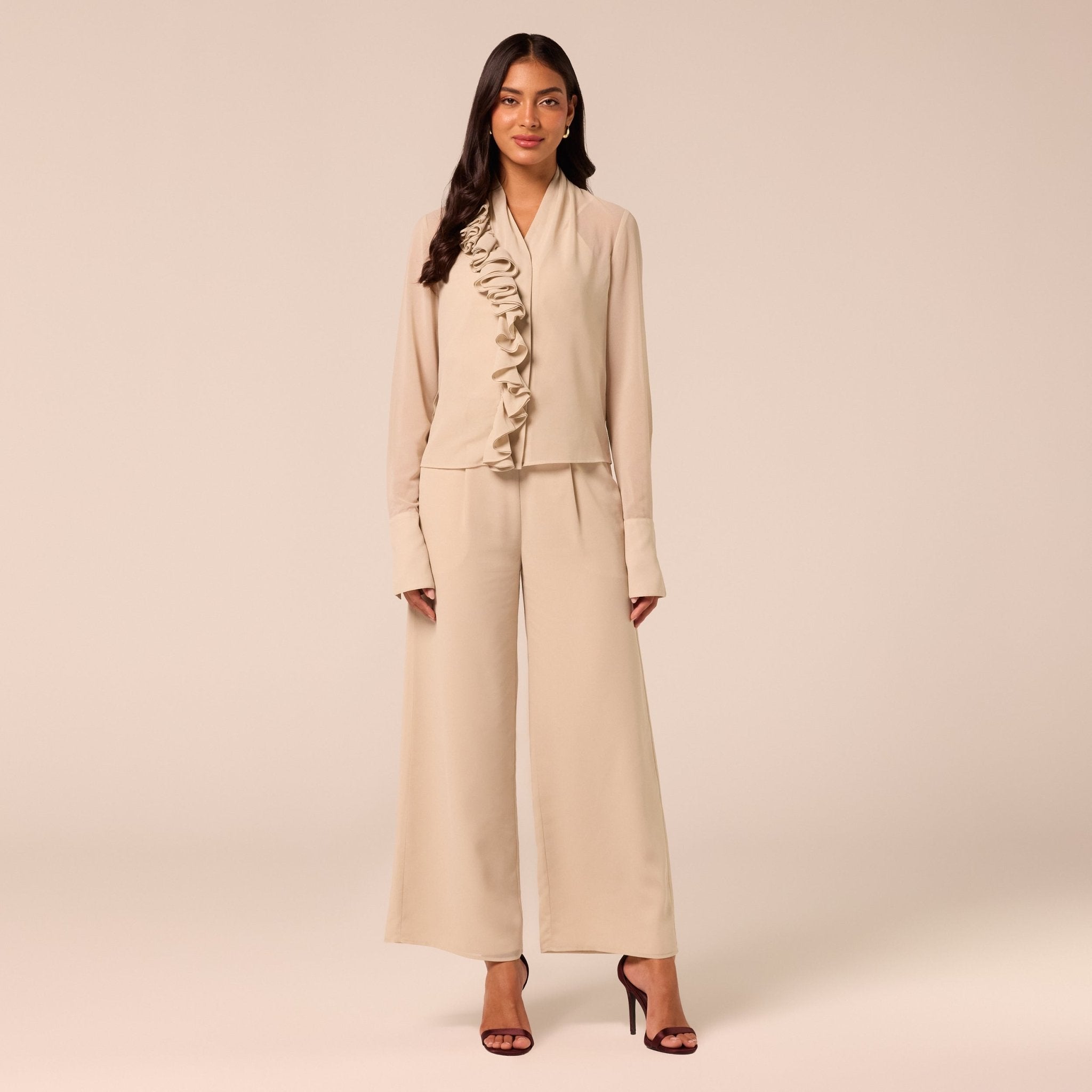 Beige Wide Leg Chiffon Pants - shopaleena