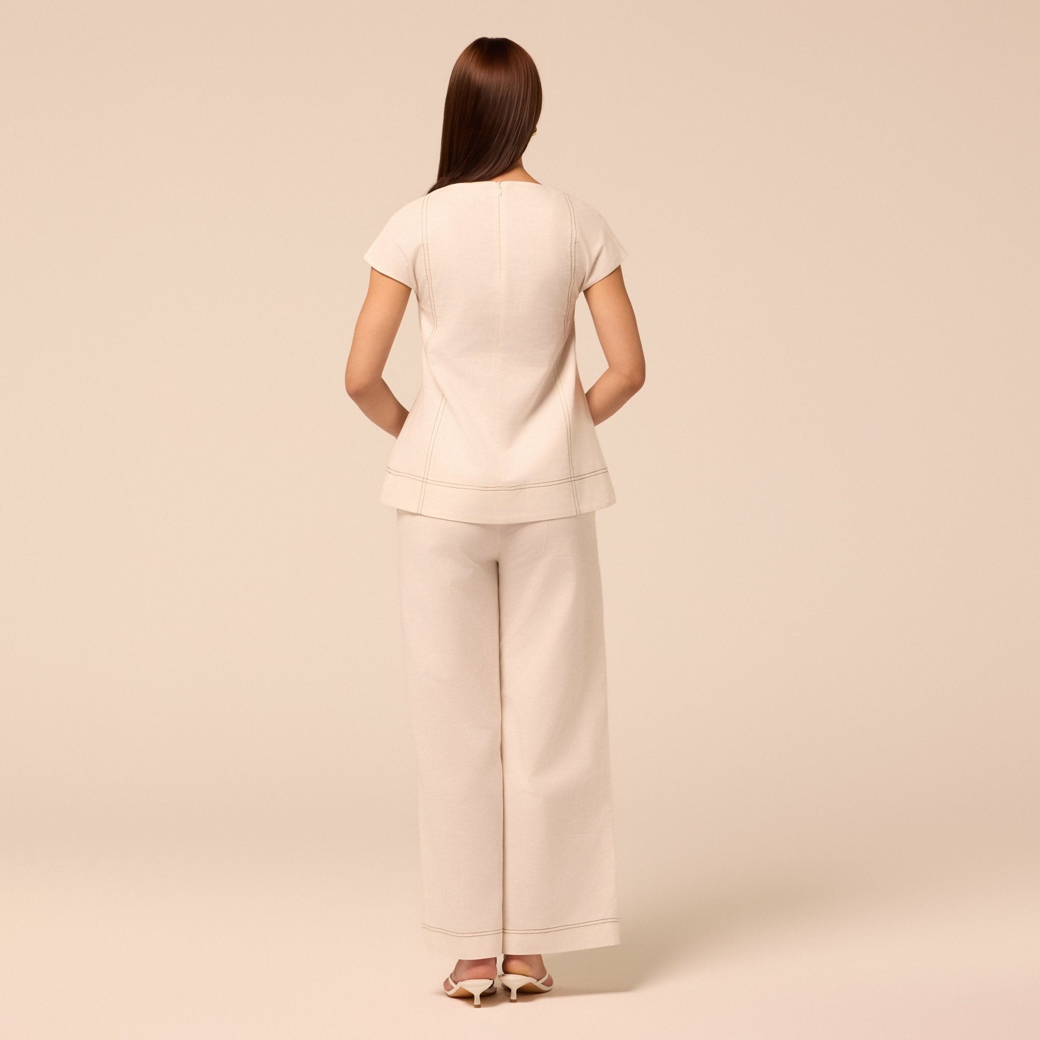 Beige Wide Leg Pants with Contrast Stitching - shopaleena