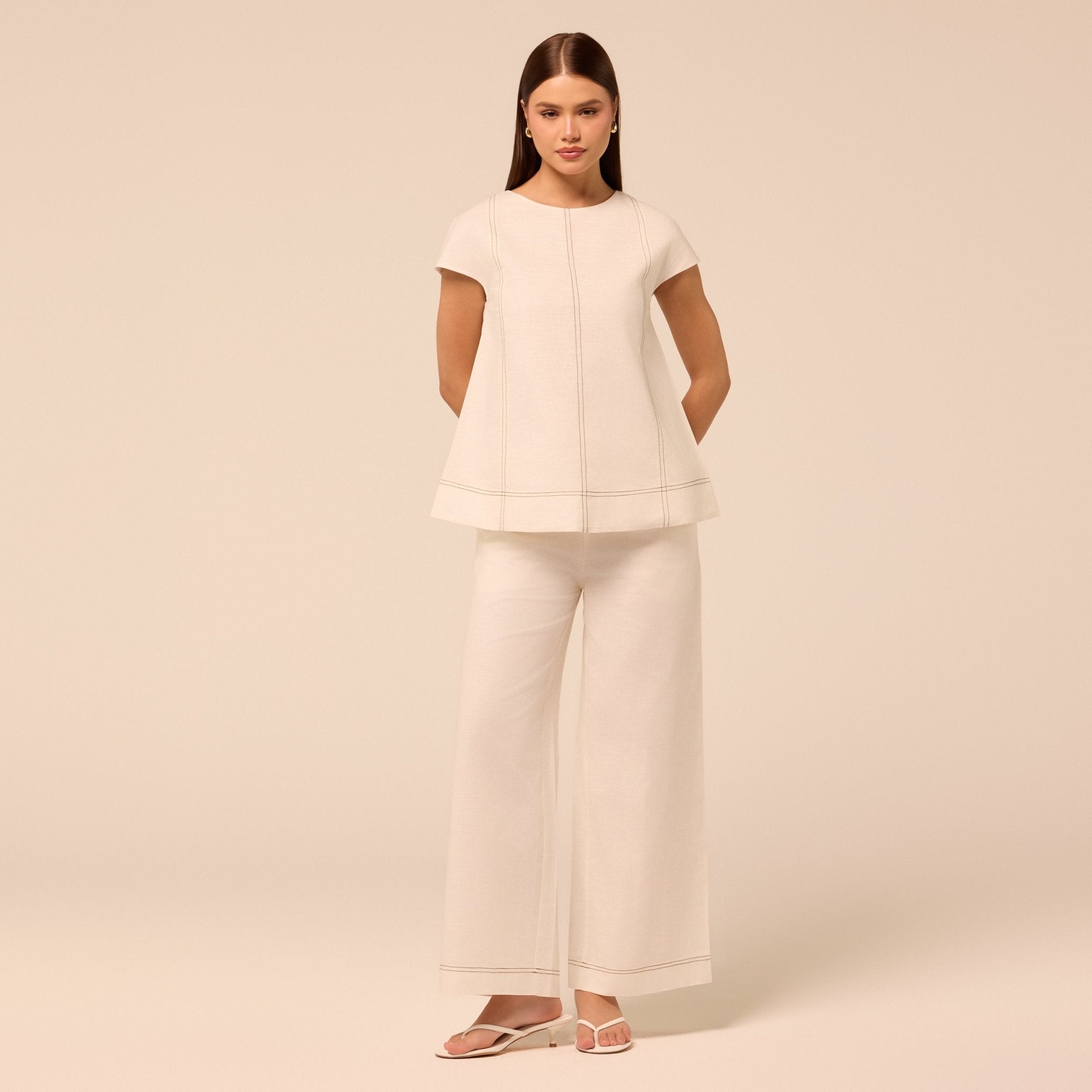 Beige Wide Leg Pants with Contrast Stitching - shopaleena