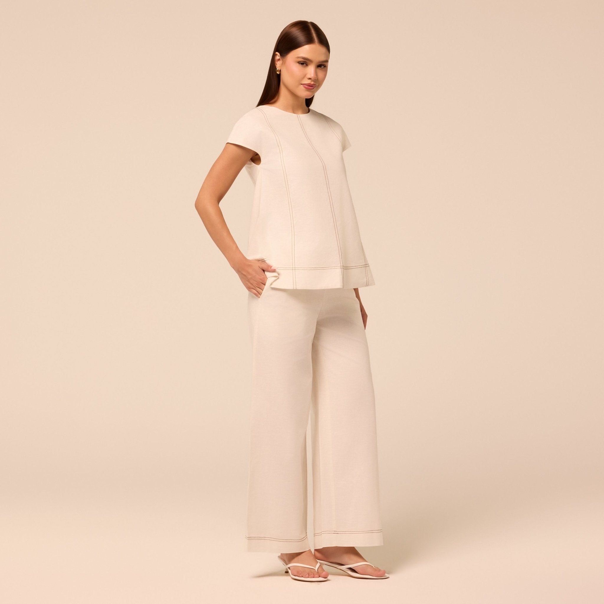 Beige Wide Leg Pants with Contrast Stitching - shopaleena
