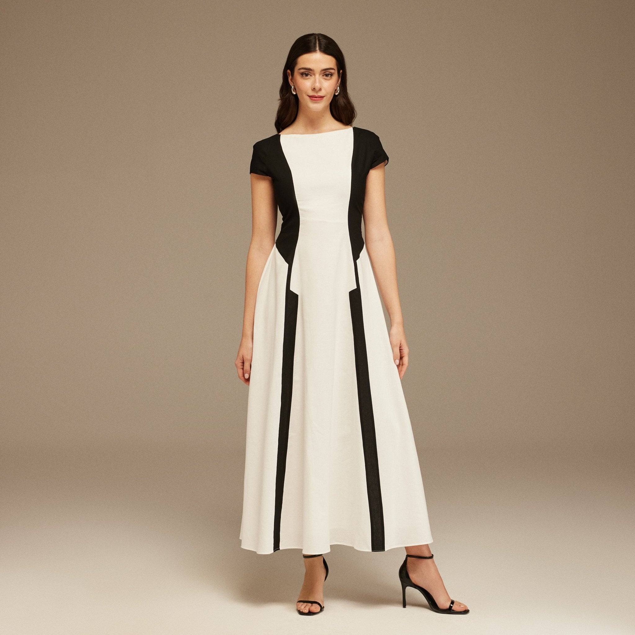 Black and White Cap Sleeve Aline Linen Cotton Midi Dress - shopaleena