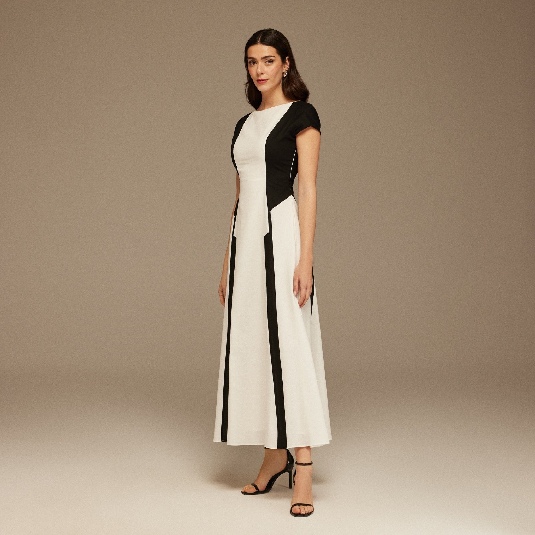 Black and White Cap Sleeve Aline Linen Cotton Midi Dress - shopaleena