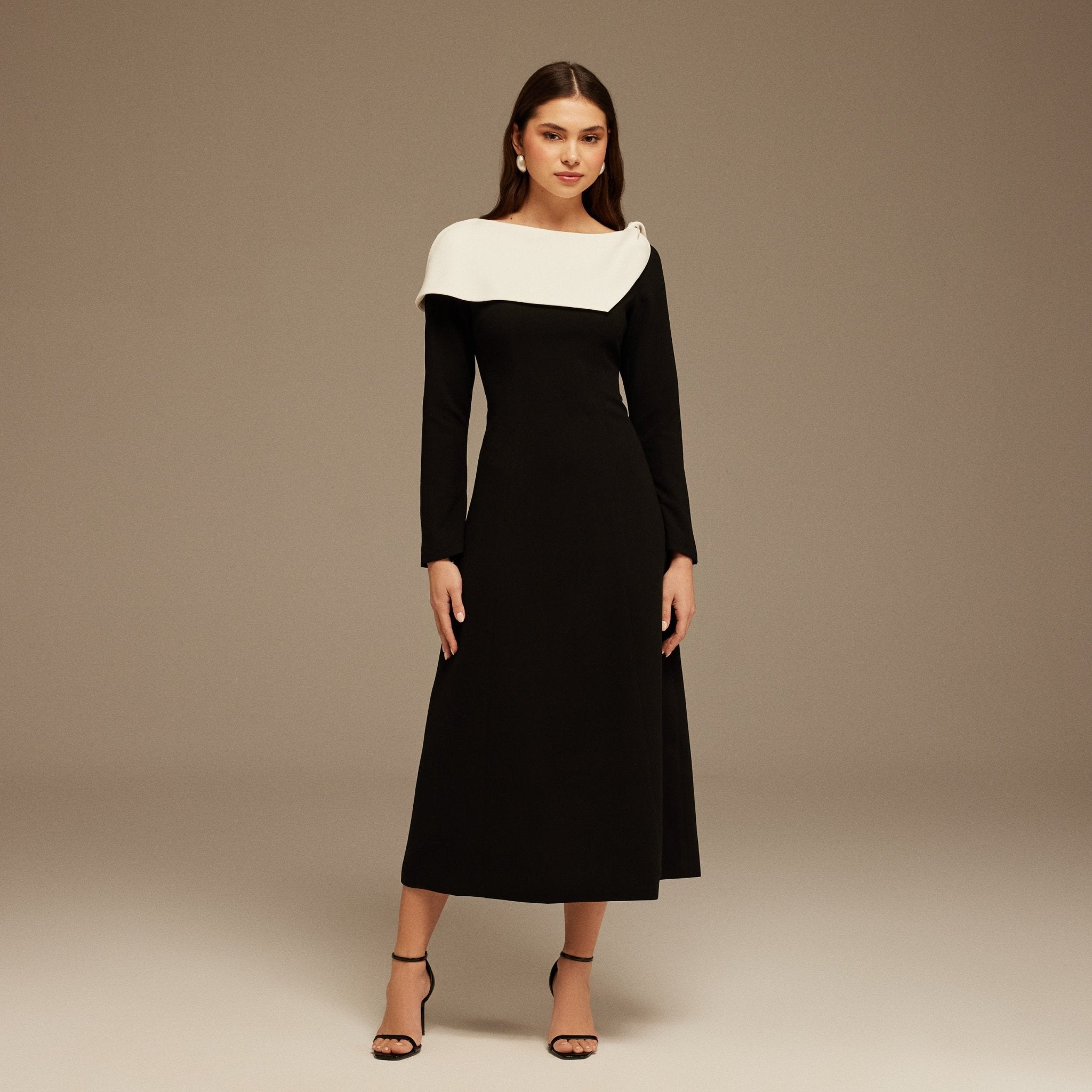 Black and White Folded Neck Long Sleeve Crepe Dress - shopaleena