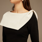 Black and White Folded Neck Long Sleeve Crepe Dress - shopaleena