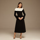 Black and White Folded Neck Long Sleeve Crepe Dress - shopaleena