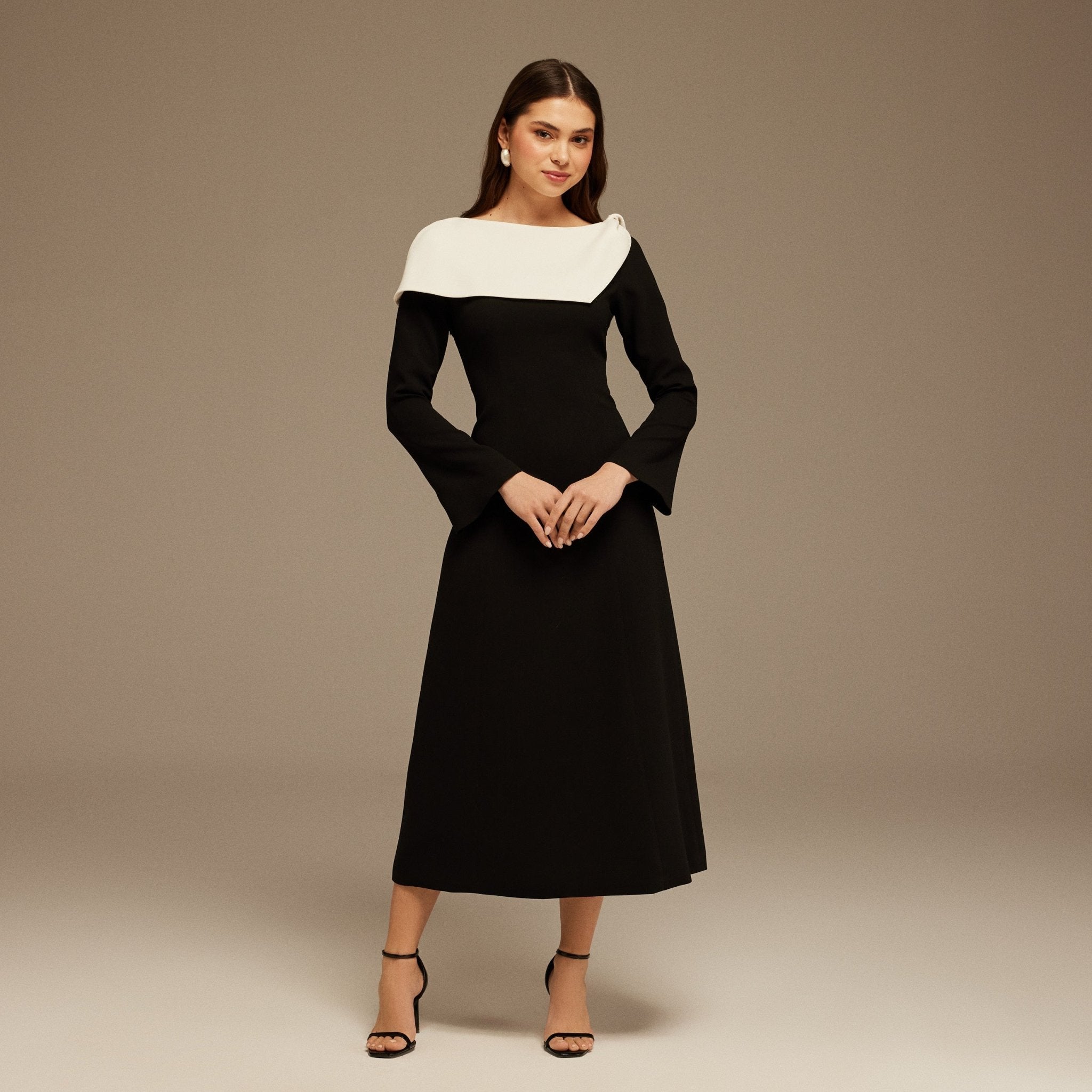 Black and White Folded Neck Long Sleeve Crepe Dress - shopaleena