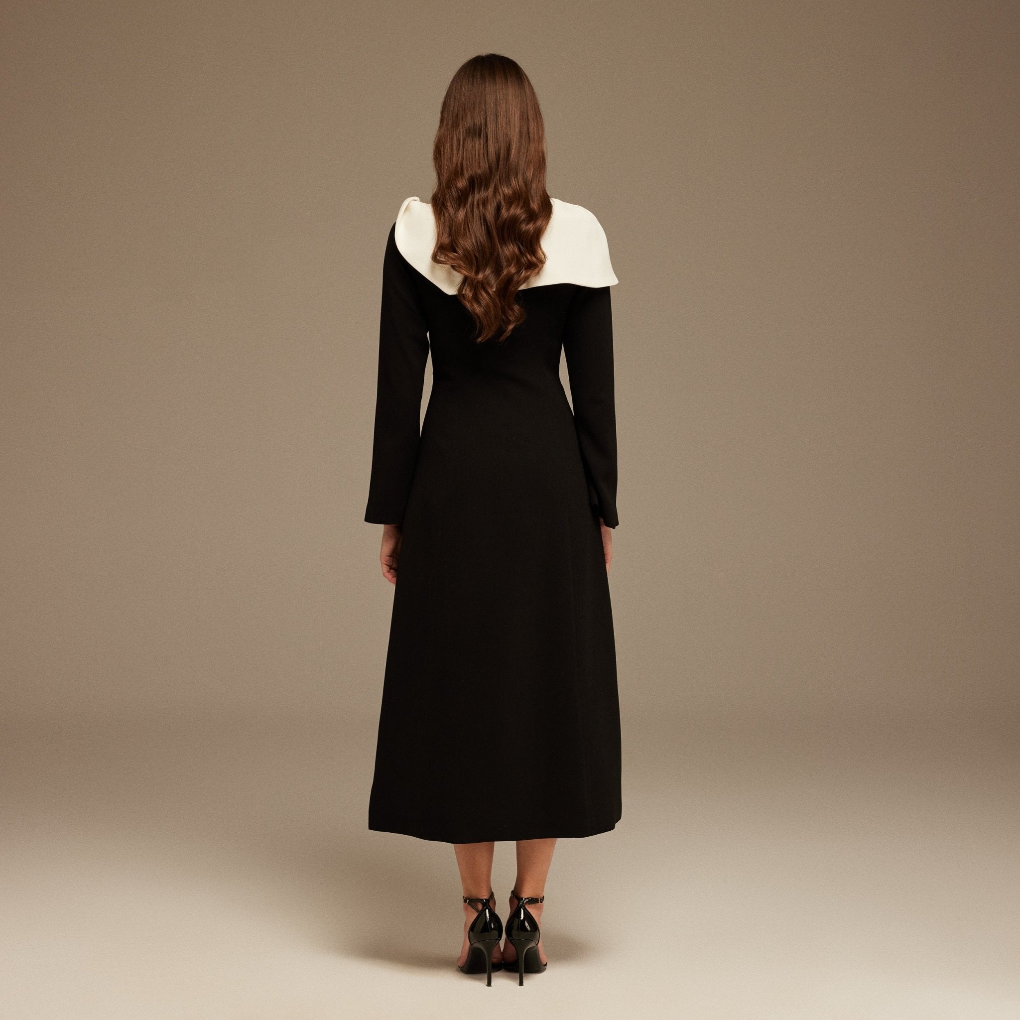 Black and White Folded Neck Long Sleeve Crepe Dress - shopaleena