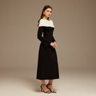 Black and White Folded Neck Long Sleeve Crepe Dress - shopaleena