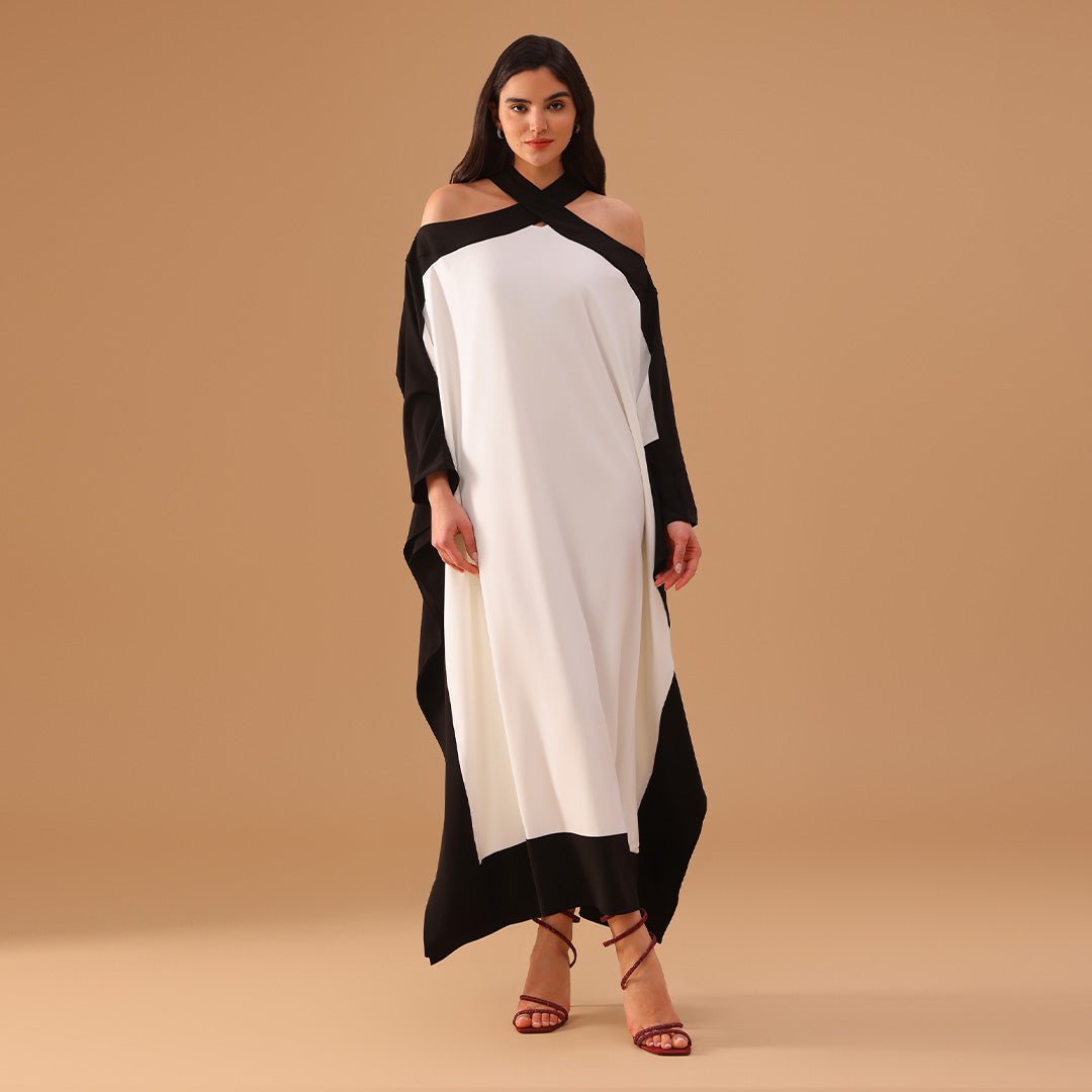 Black and White Halter Neck Bare Shoulders Crepe Kaftan - shopaleena