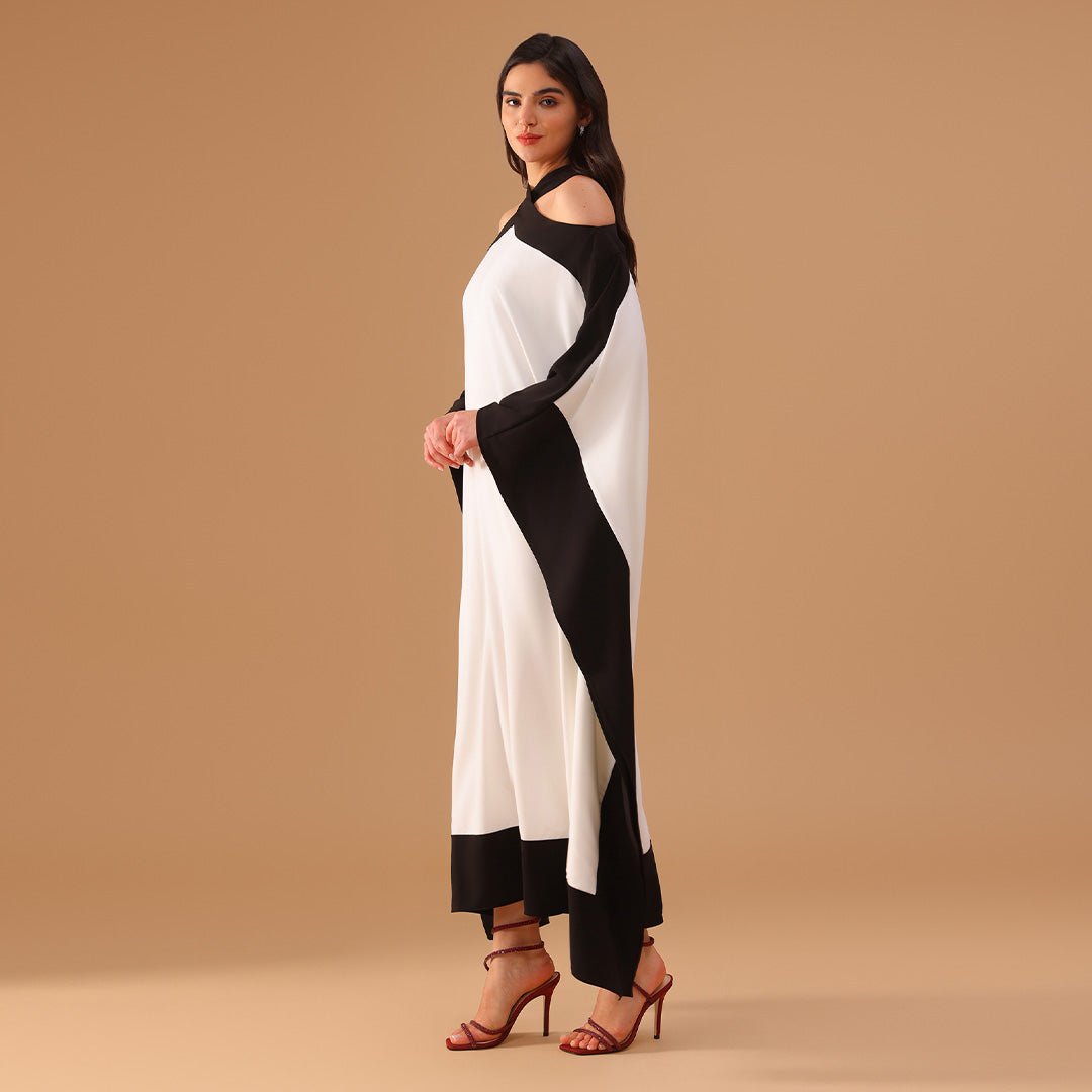 Black and White Halter Neck Bare Shoulders Crepe Kaftan - shopaleena