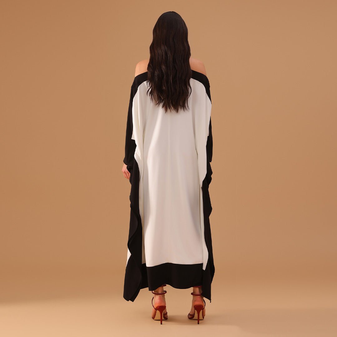 Black and White Halter Neck Bare Shoulders Crepe Kaftan - shopaleena