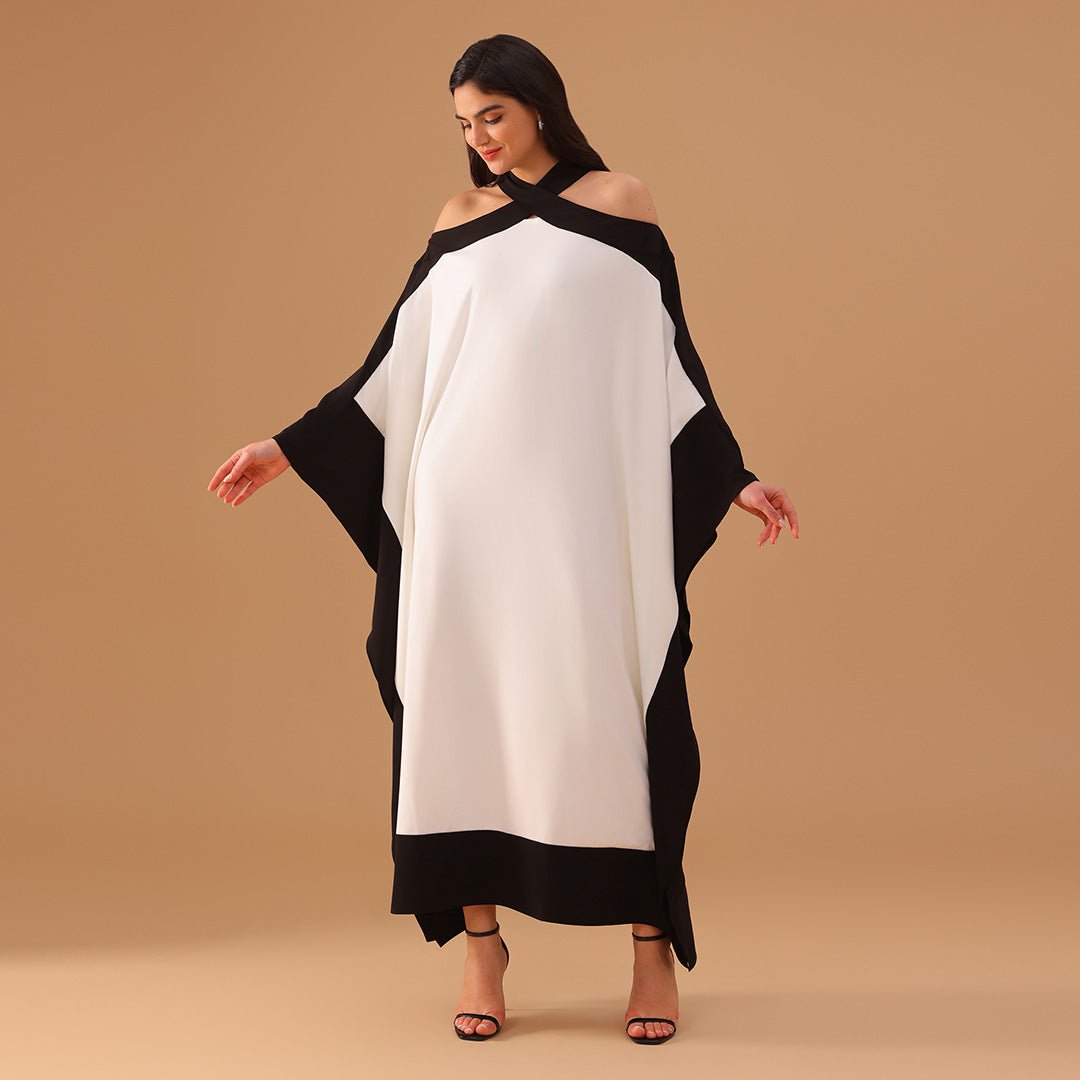 Black and White Halter Neck Bare Shoulders Crepe Kaftan - shopaleena