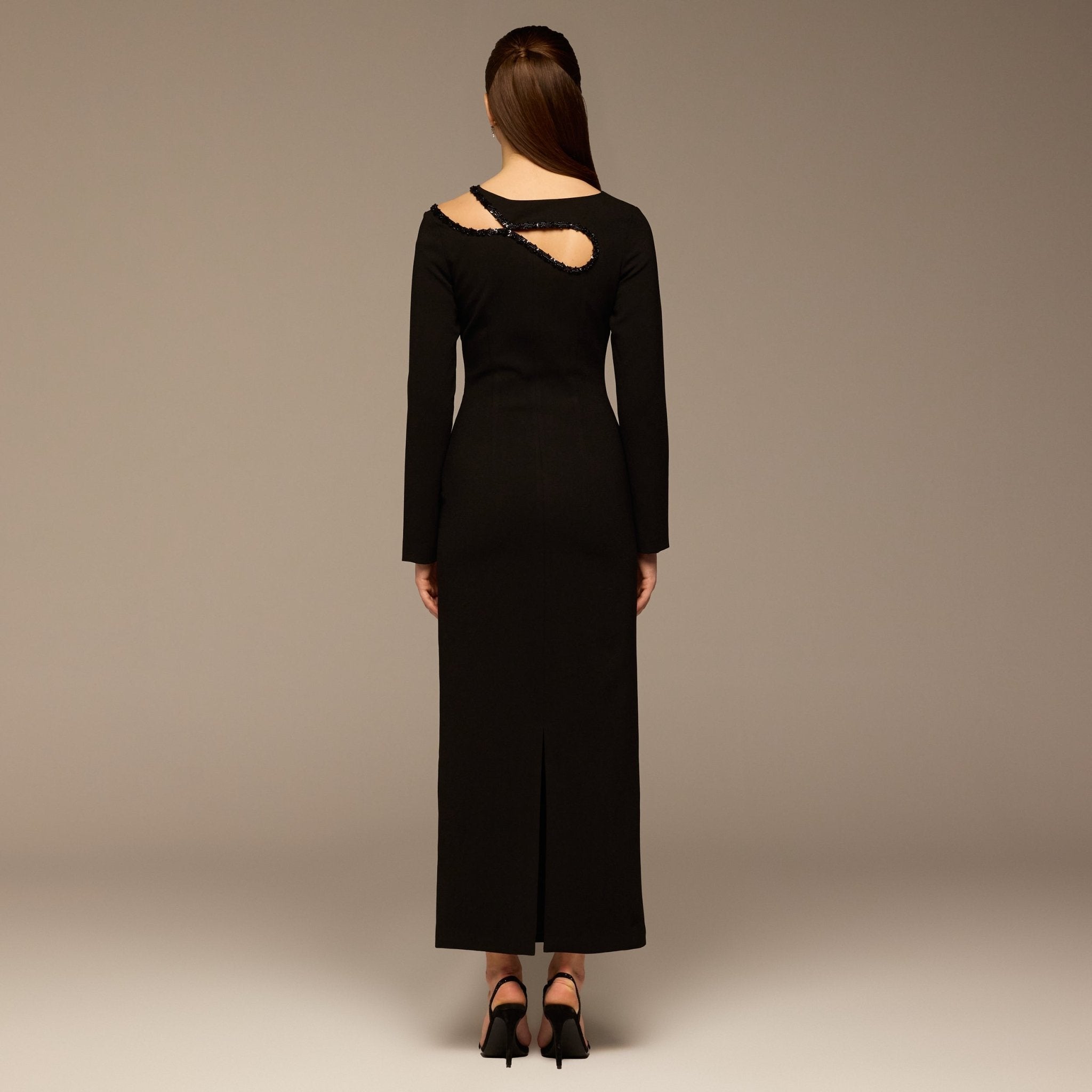 Black Asymmetric Cut - Out Crepe Dress - shopaleena