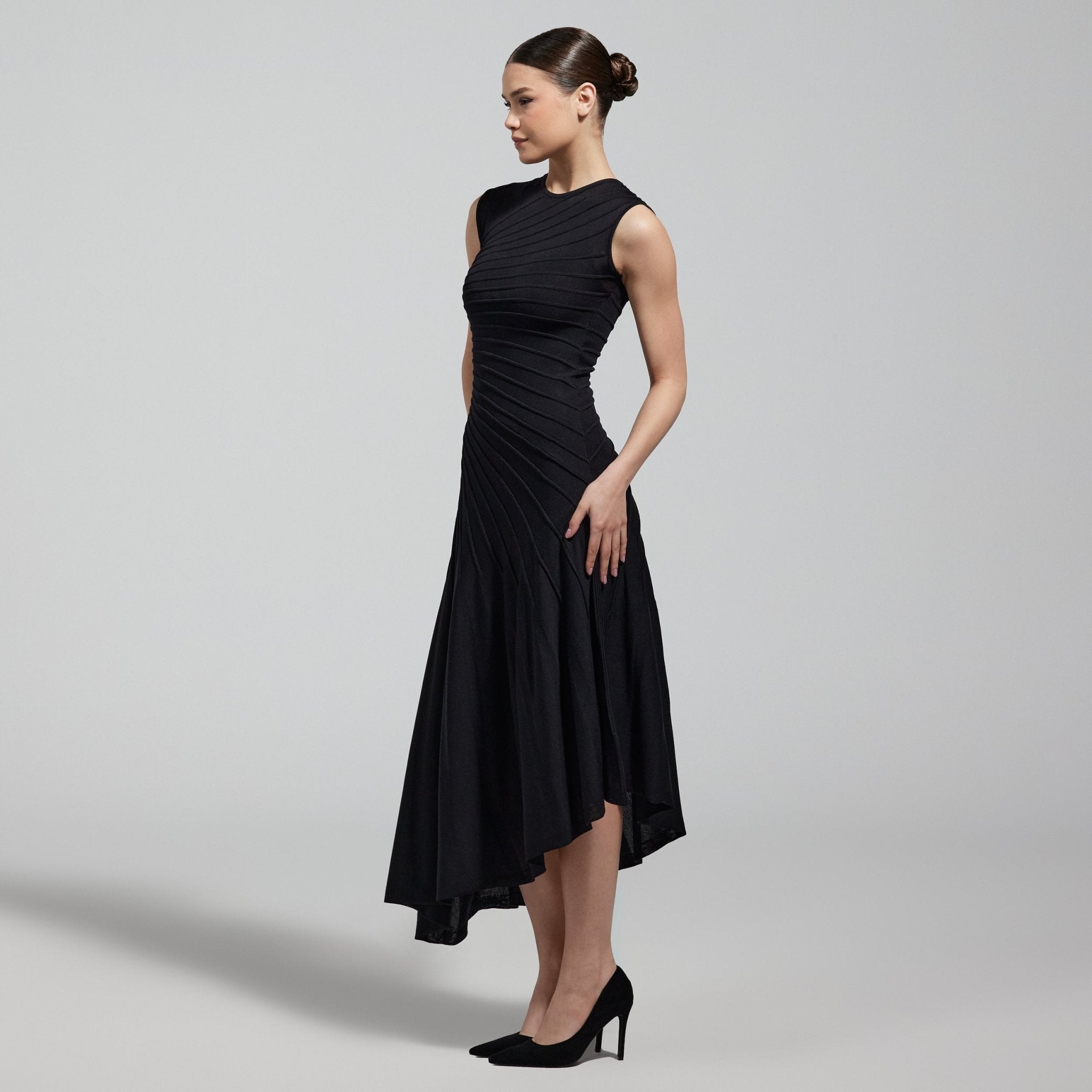 Black Asymmetric Knit Midi Dress - shopaleena