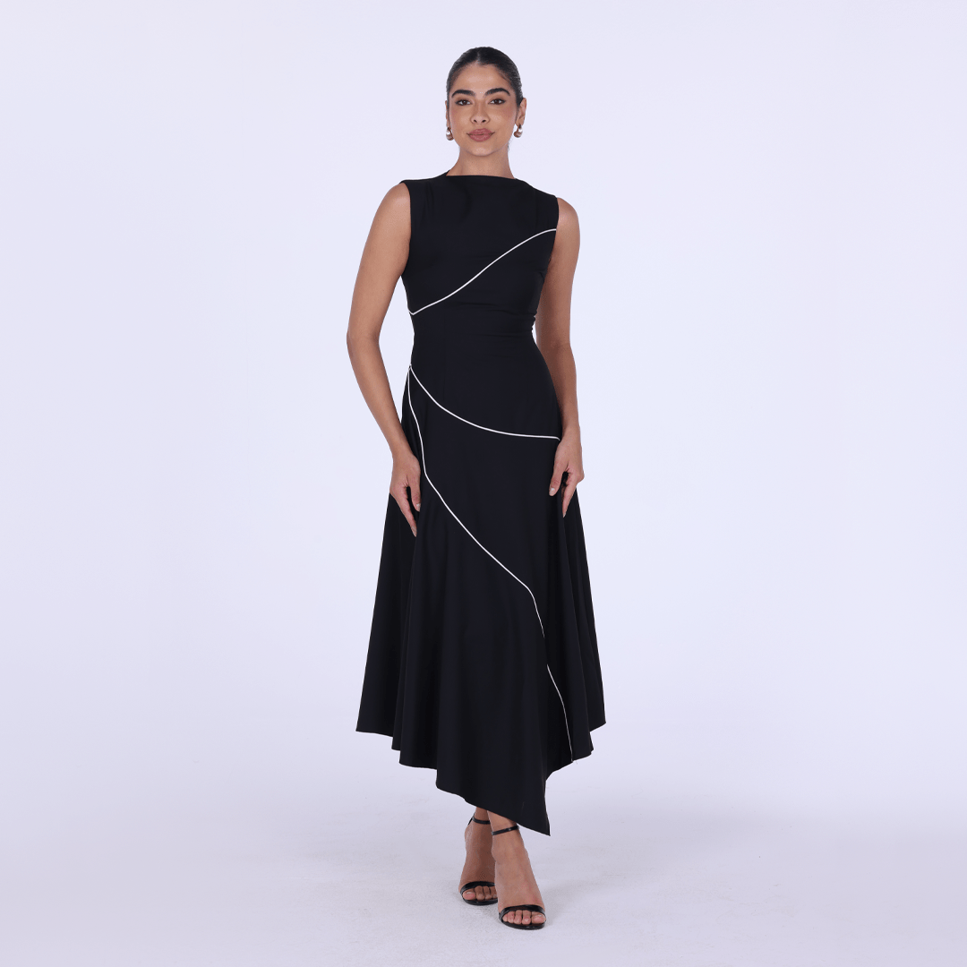 Black Asymmetric Poplin Pipe Maxi Dress - shopaleena