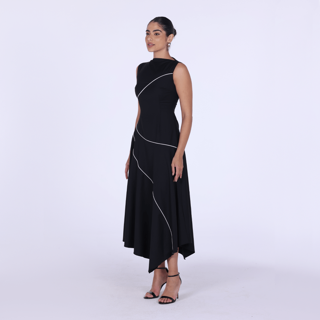 Black Asymmetric Poplin Pipe Maxi Dress - shopaleena