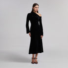 Black Bare Shoulder Velvet Midi Dress - shopaleena