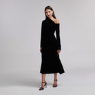 Black Bare Shoulder Velvet Midi Dress - shopaleena