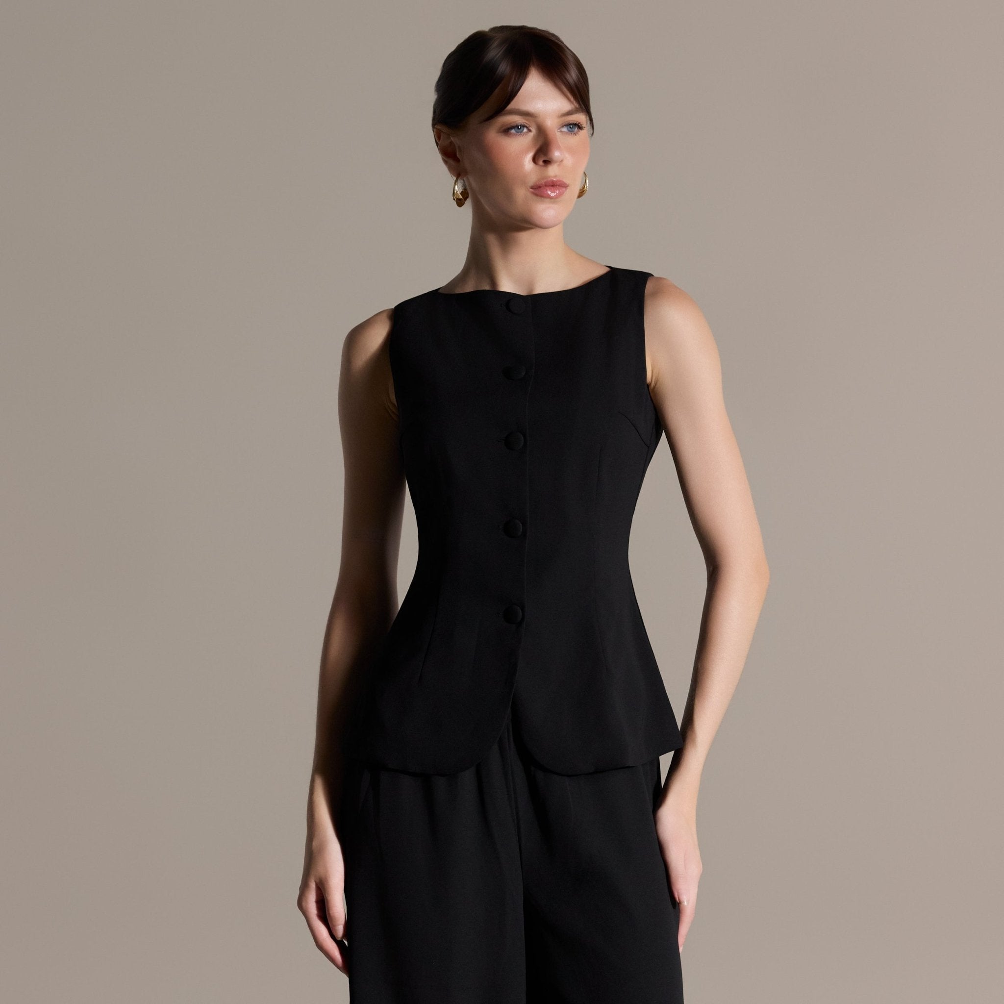 Black Boat Neck Button-Up Top - shopaleena