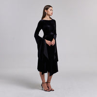 Black Cape Sleeve Twist - Waist Velvet Dress - shopaleena