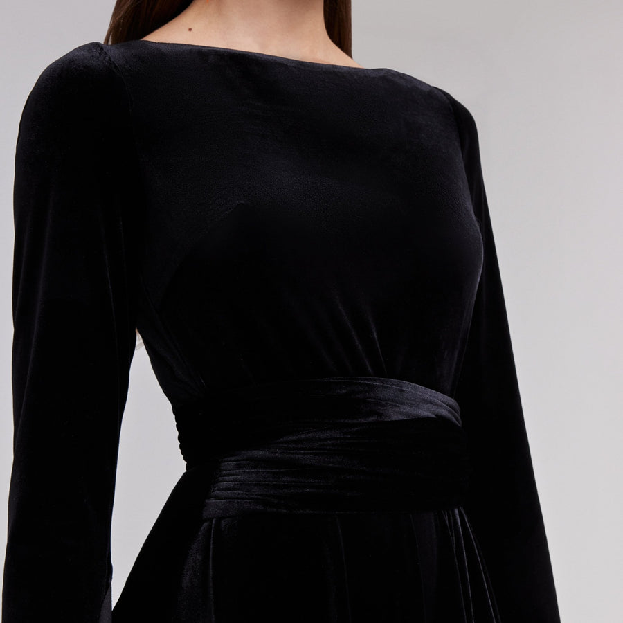 Black Cape Sleeve Twist - Waist Velvet Dress - shopaleena