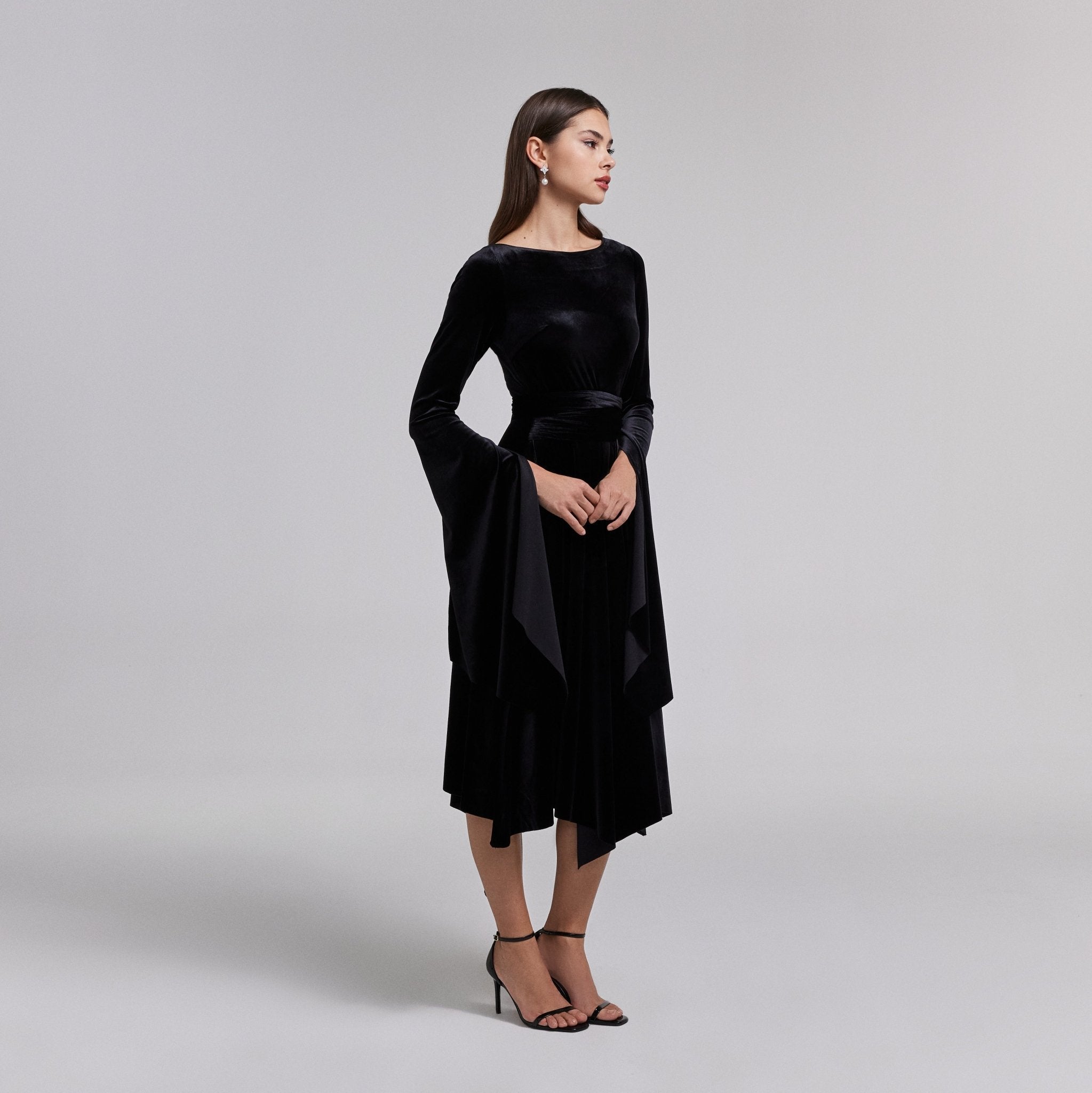 Black Cape Sleeve Twist-Waist Velvet Dress – shopaleena