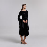 Black Cape Sleeve Twist - Waist Velvet Dress - shopaleena