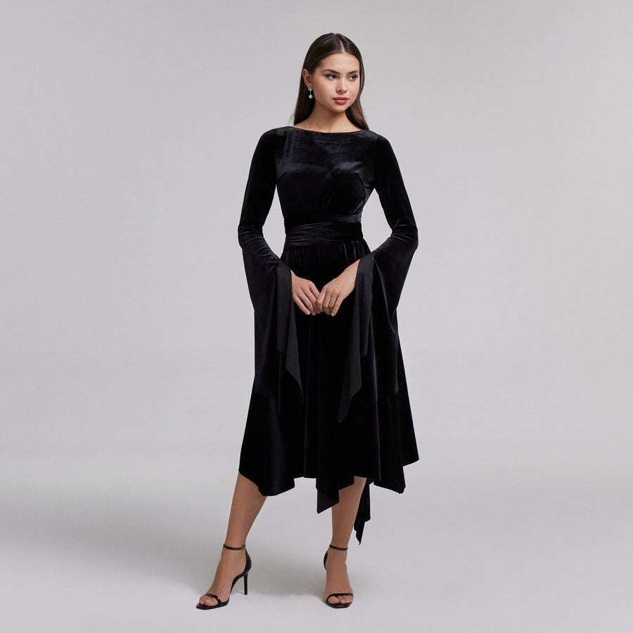 Black Cape Sleeve Twist - Waist Velvet Dress - shopaleena