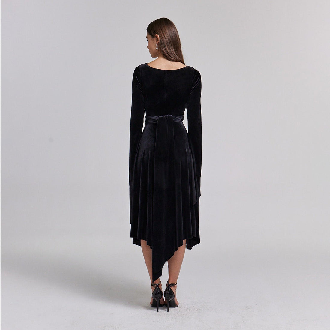 Black Cape Sleeve Twist - Waist Velvet Dress - shopaleena