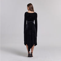 Black Cape Sleeve Twist - Waist Velvet Dress - shopaleena